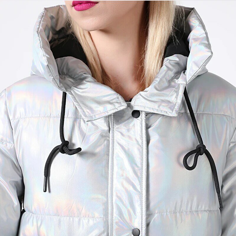 2022 New Winter Jacket Women Silver Holographic Glitter Quilted Long Women's Winter Coat Hooded Thick Down Jacket Parka