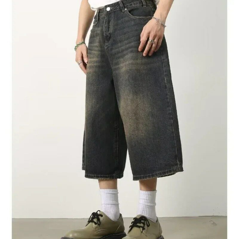 QWEEK-Streetwear Vintage feminino, calças jeans, jeans, solto, perna larga, comprimento do joelho, shorts oversize, moda Y2K, verão, 2024