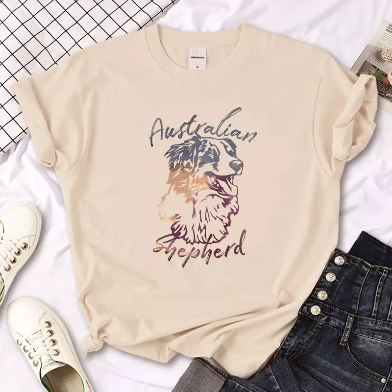 Odzież z nadrukiem z krótkim rękawem T-Shirt damski Owczarek Tee Kobiety Śmieszne komiksowe topy Dziewczyna Śmieszne japońskie ubrania Kobieca koszulka na co dzień