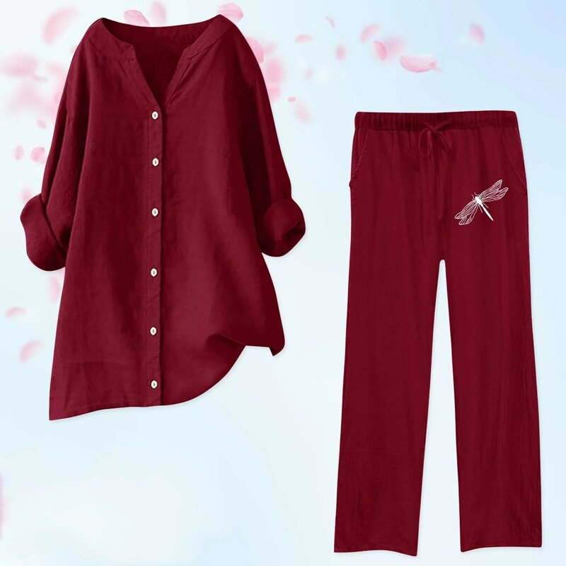 Blusa de perna larga com 2 peças com bolsos para mulheres, conjuntos de calças elásticas, camisa casual com gola V, moda feminina, roupas clube