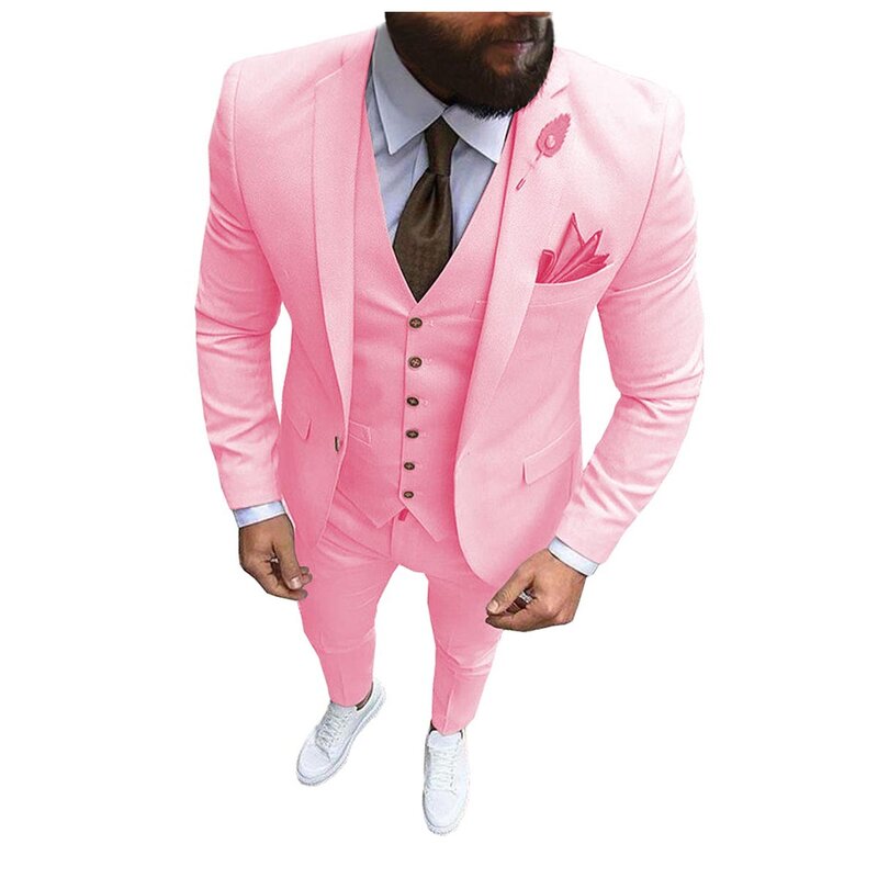 Новый розовый мужской костюм из 3 предметов, официальный деловой приталенный смокинг с вырезом на воротнике, блейзер для мужчин для свадьбы (Блейзер + жилет + брюки)