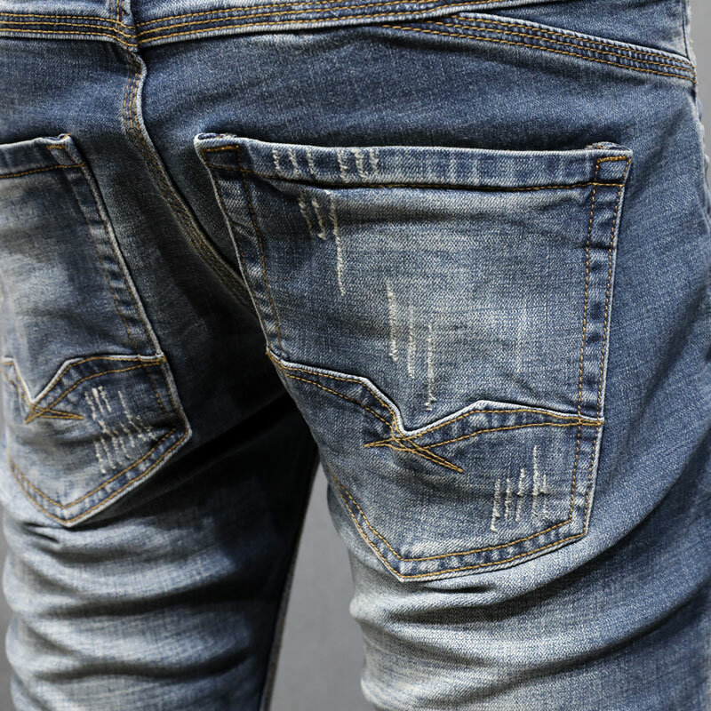 Estilo italiano retrô lavado jeans azul rasgado para homens, calça jeans stretch, calça justa, designer vintage, na moda, de alta qualidade