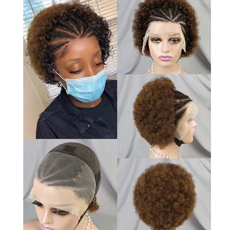 MissDona-pelucas de cabello rizado con trenzas 13x4 para mujeres africanas, Peluca de cabello humano 100% con malla frontal, hinchable, Afro