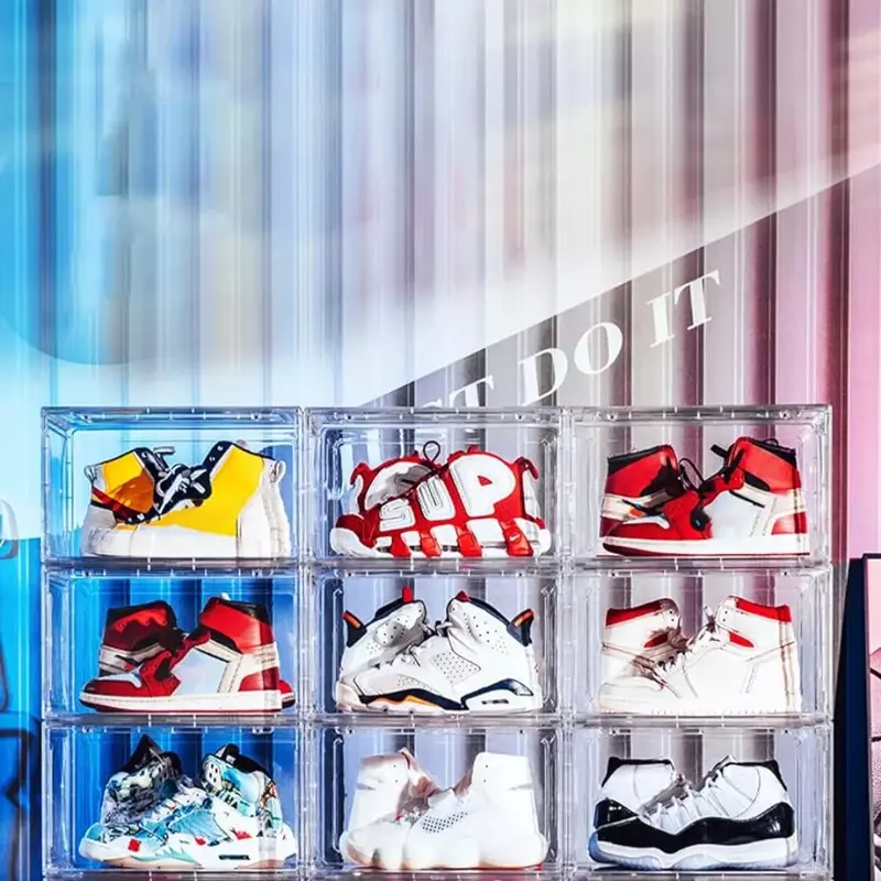 Прозрачная коробка для обуви, набор из 9 штук в ряд, органайзер для обуви с магнитной застежкой и коробка для хранения обуви, полностью прозрачные демонстрационные кроссовки