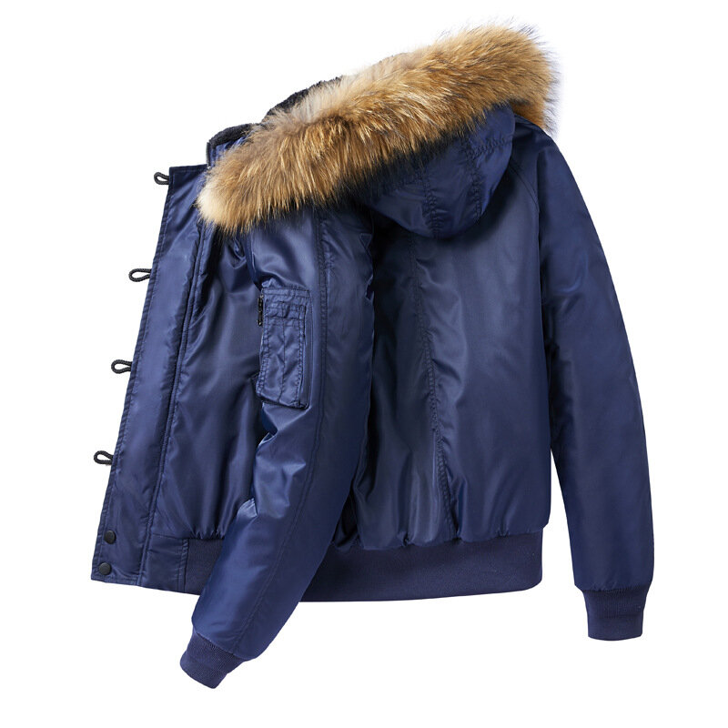 Jaket bulu musim dingin kerah dapat dilepas pria Padding tebal dengan topi mantel jaket Bomber pakaian pendek pria Streetwear
