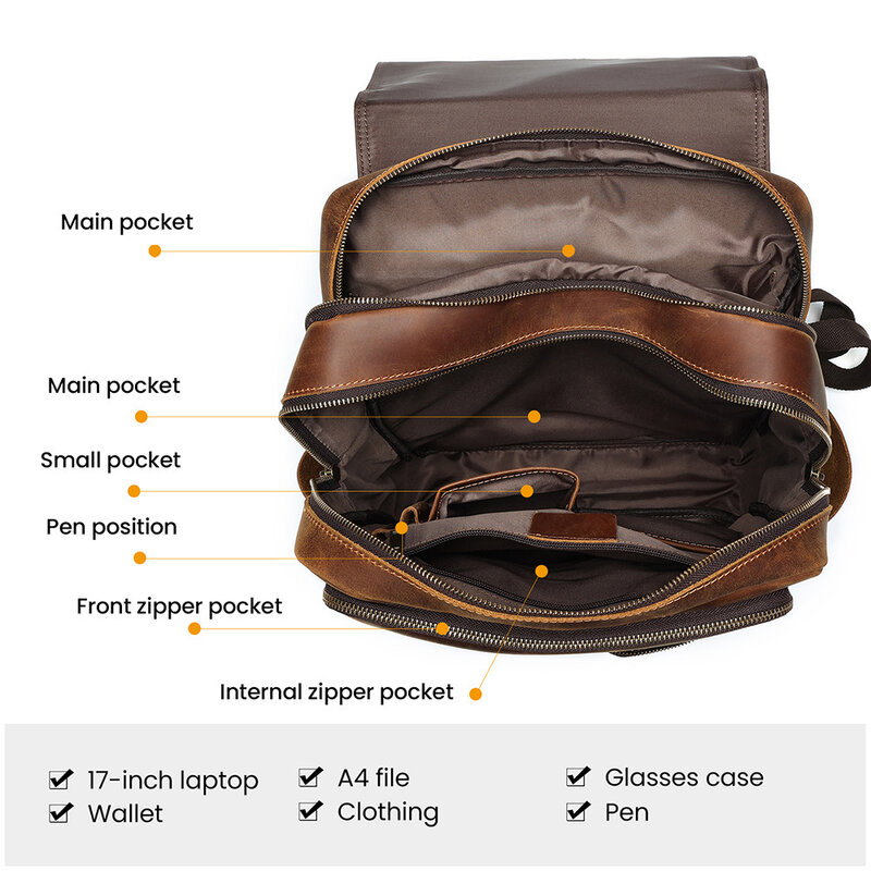 Рюкзак мужской из кожи Крейзи Хорс, ранец для ноутбука 15,6 дюйма, школьный портфель большой вместимости, винтажный дорожный