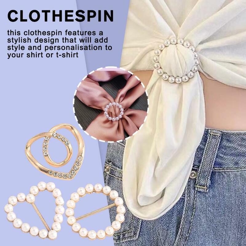 T-Shirt Clips Clothes Corner Knotted Button Fashion Alloy Pearl Rhinestone Circle Clip Round Shirt Scarf Scarves Fastener