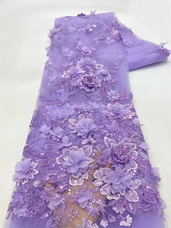 Bunga ungu kain renda payet Afrika 2024 kain jala manik-manik renda kualitas tinggi 5 yard untuk gaun pesta pernikahan