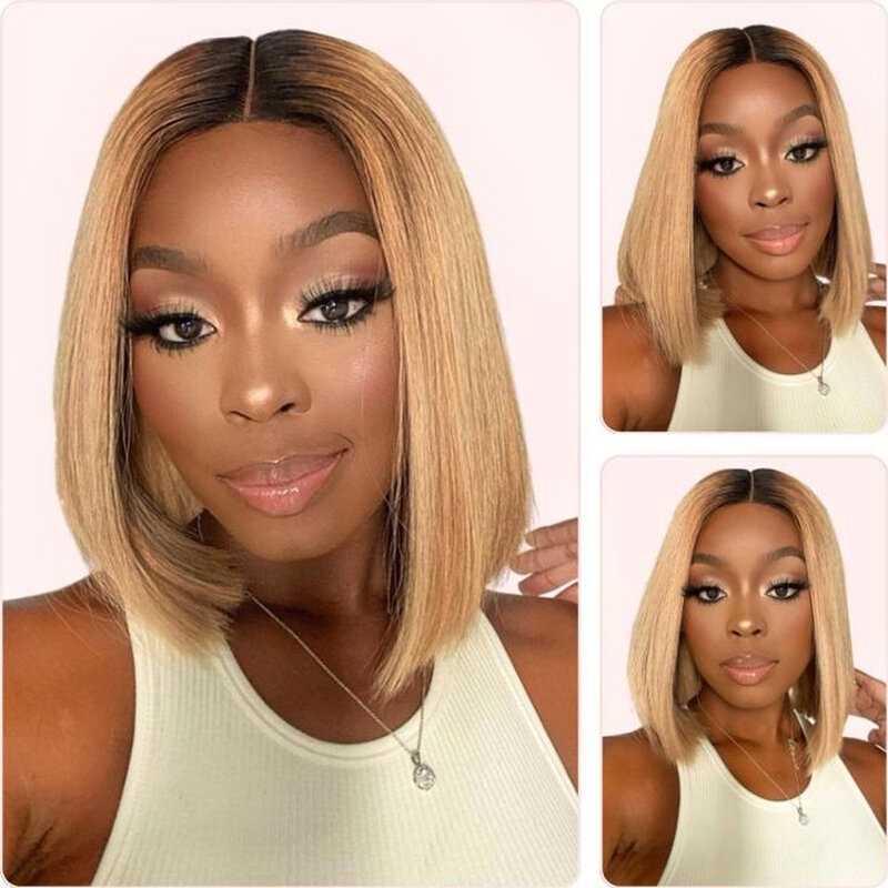 HD Blonde Lace Front Wigs Honey Blond Glueless Short Bob Wig Ombre 2 Tone Brazilian Human Hair Wigs Pre Plucked with Bleached Kn
