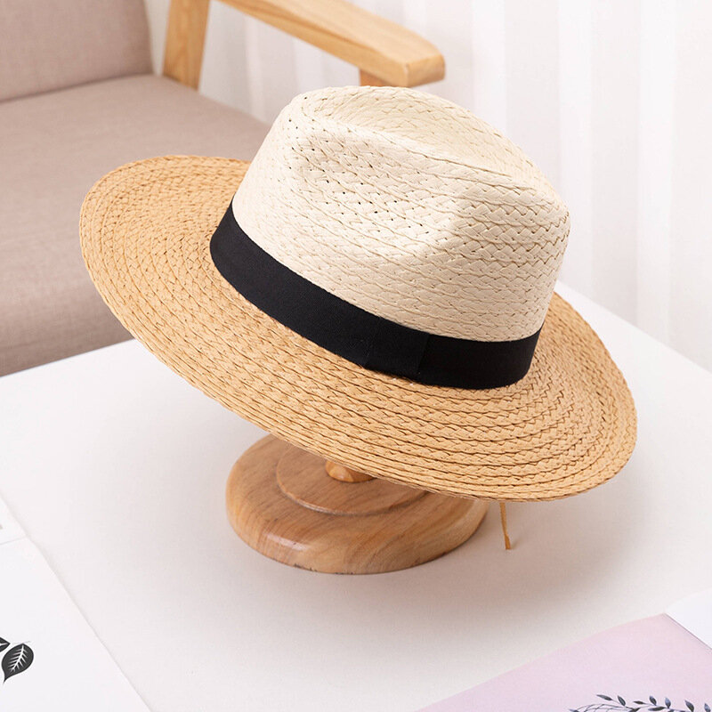 2023 여름 심플한 자외선 차단 차양 재즈 파나마 밀짚 모자, 남성 관광 해변 페도라 밀짚 모자, 줄무늬 모자