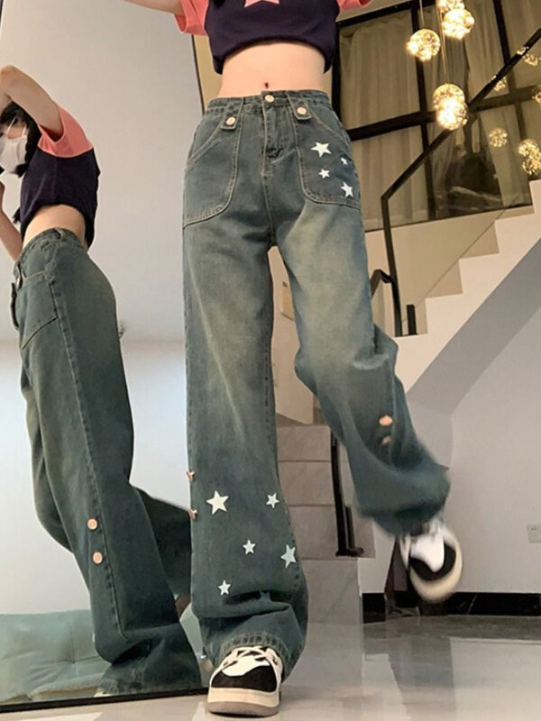 Jeans stampati a stella donna Vintage Streetwear Casual Girlish vita alta estate unico stile coreano sciolto moda Harajuku gamba larga