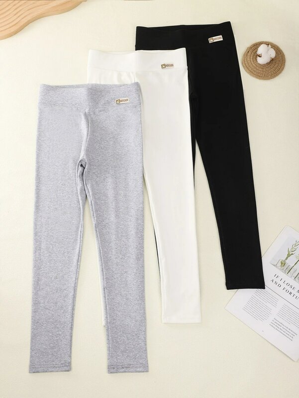 High-waisted Cotton Leggings for Girls, Cute Rabbit, Monochromatic, Casual, Simple, Spring, Summer, 3 Pcs