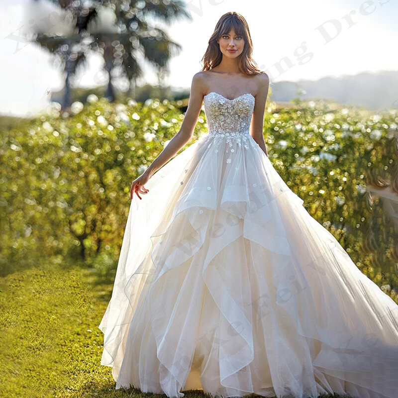 2024 cantik dan seksi gaun pernikahan tanpa lengan bahu terbuka gaun pengantin Tulle putri Applique renda tepi lipit свадебное