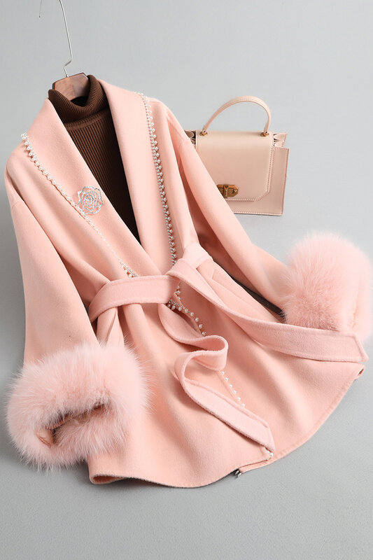 ZDFURS * 2022 nuovo cappotto di lana stile classico Double-face articoli di lana collo di pelliccia di volpe cappotto di pelliccia di pelle perla diamante di media lunghezza