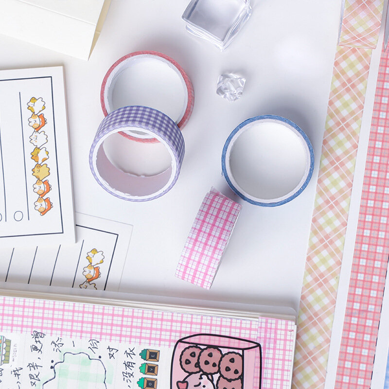 Cinta adhesiva de cuadros de colores Kawaii, cinta adhesiva decorativa Washi, DIY, para álbum de recortes, etiqueta de diario, suministros de papelería