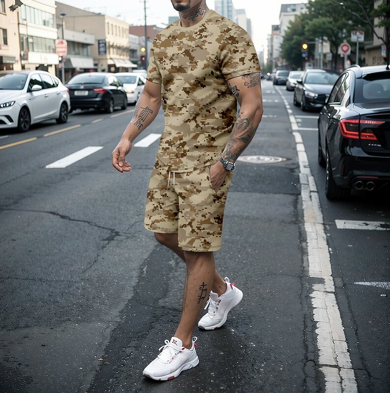 New men's summer suit, 3D camouflage pattern top + shorts, go out cool fashion trend to wear, men's suit