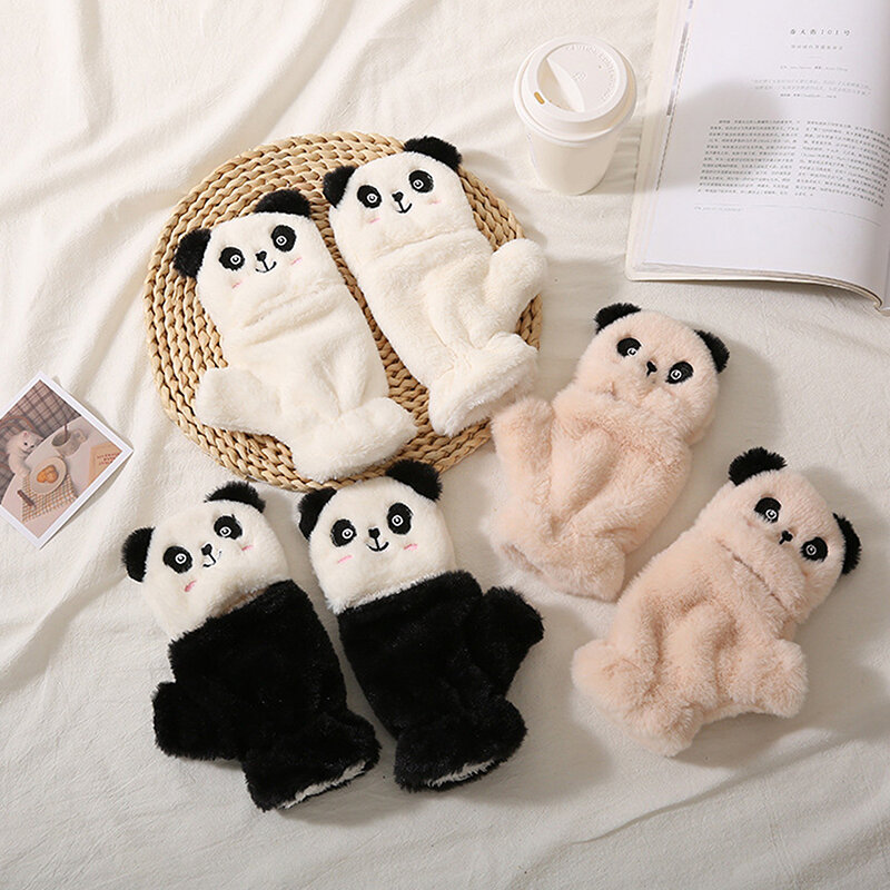 Panda dos desenhos animados luvas de pelúcia para estudantes, luvas de aba quente, dedos abertos, escrita, inverno