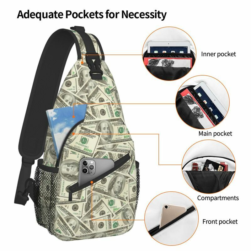 Moda notas de dólar dos eua estilingue saco para viajar homem dinheiro padrão peito crossbody mochila ombro daypack