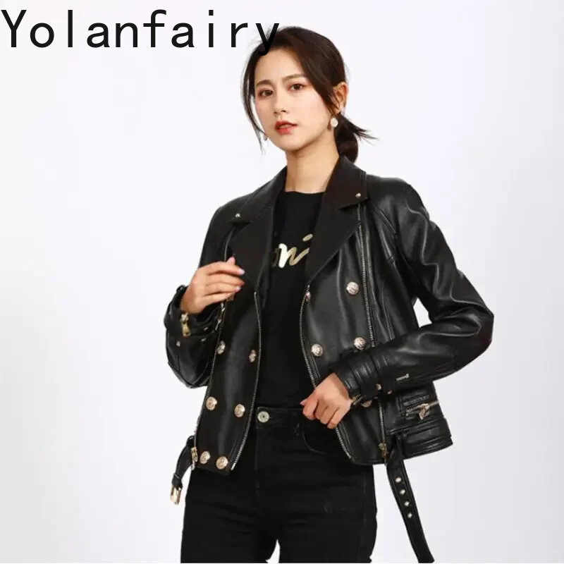 여성용 진짜 가죽 재킷, 2024 짧은 패션, 정품 양가죽 코트, 하이 스트리트, 여성 바이커 코트, SGG