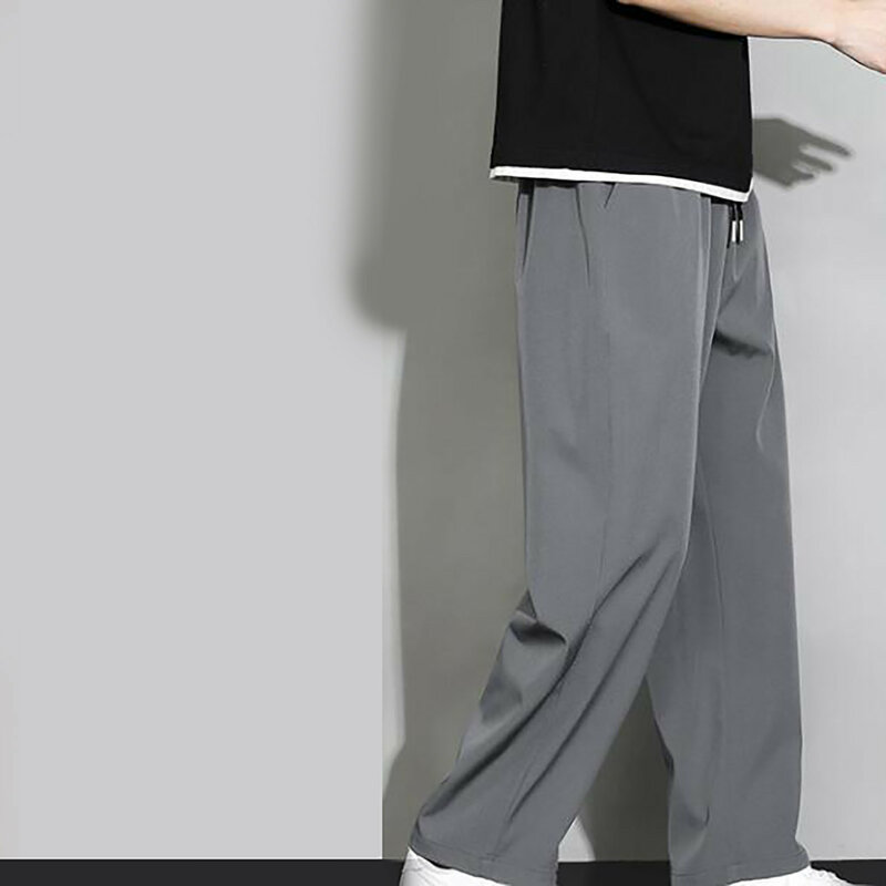 2024 Summer Men's Long Pants Soft Ice Silk Solid Color Casual Pants Lightweight Jogging Sports Men's Trousers Gym Exercise Pants