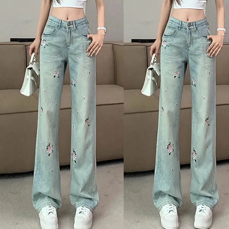 Hot pengeboran wanita Jeans pasang 2024 baru musim semi pinggang tinggi ramping gaya nasional bordir celana lebar celana Denim wanita
