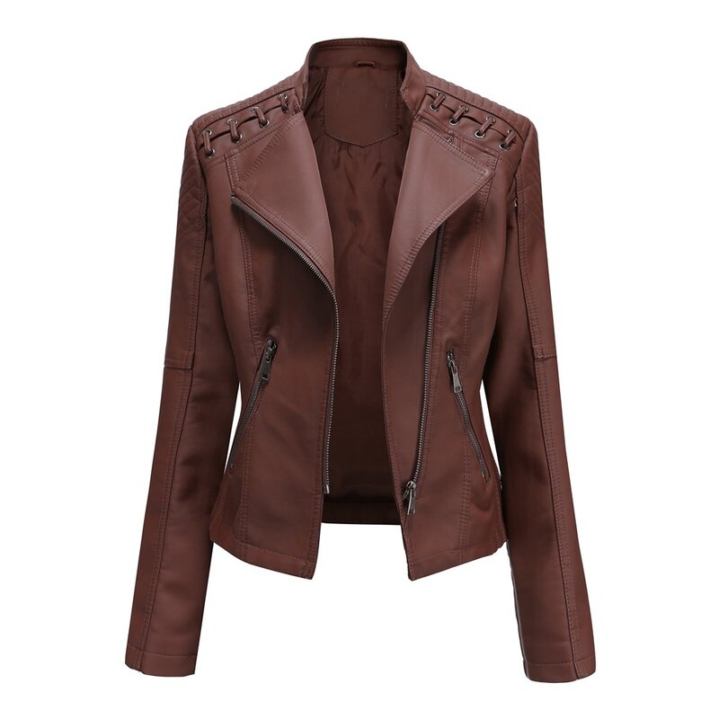 여성용 짧은 가죽 재킷, 슬림하고 얇은 가죽 재킷, 용수철 및 가을 오토바이, 2024 유럽 사이즈, 신상