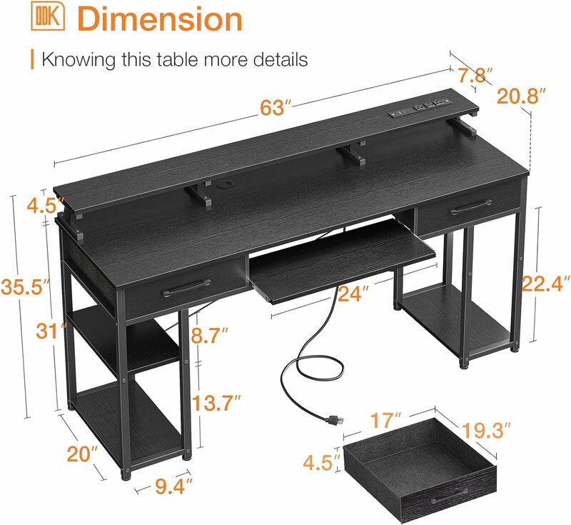 ODK Grande Computador Desk com porta de carregamento USB, bandeja do teclado, 2 gavetas, Suporte CPU Monitor, prateleira removível, 63"