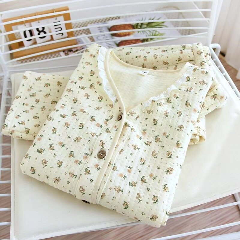 V-Neck Cardigan Home Suit New In Women's Sleepwear Pajamas sSt Air Cotton Floral Print Nightwear For Woman Clothing Nighty