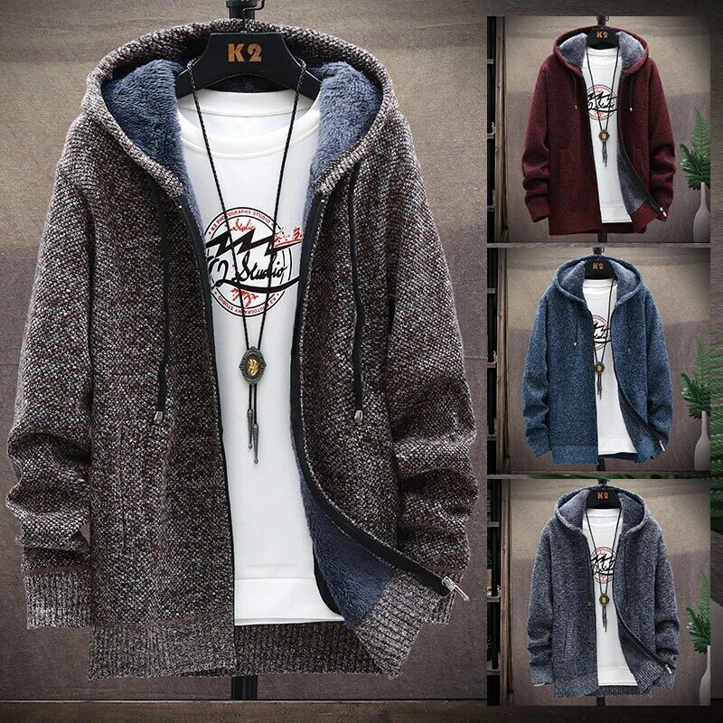 Men's Winter Knitted Sweater Print Korean Fashion Clothes Knitwears Clothing Cardigan Hood With Plush And Thickened Fleece