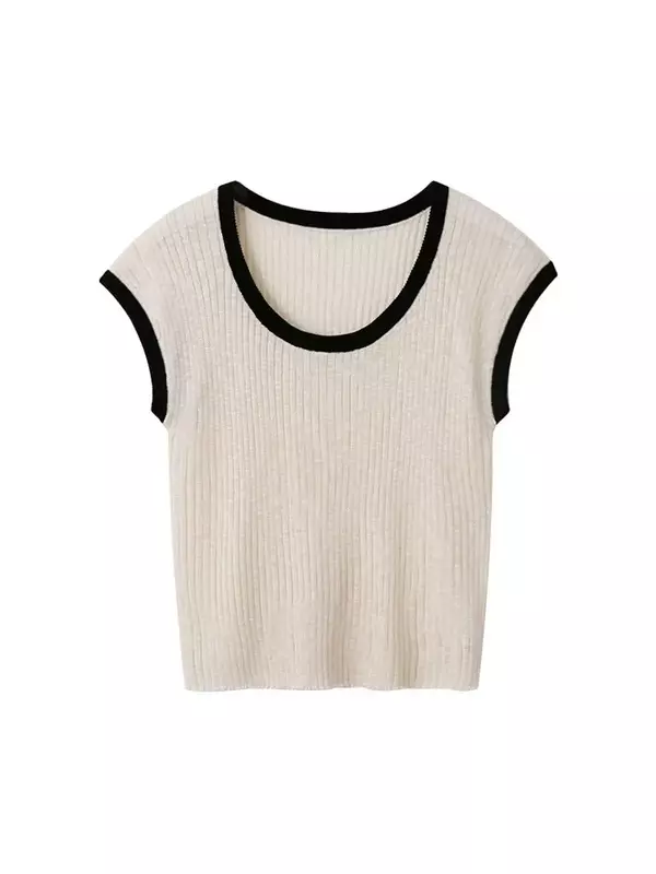 Camiseta de manga curta gola redonda feminina, contraste de cores, top de emagrecimento pequeno, verão, novo, J050, 2023