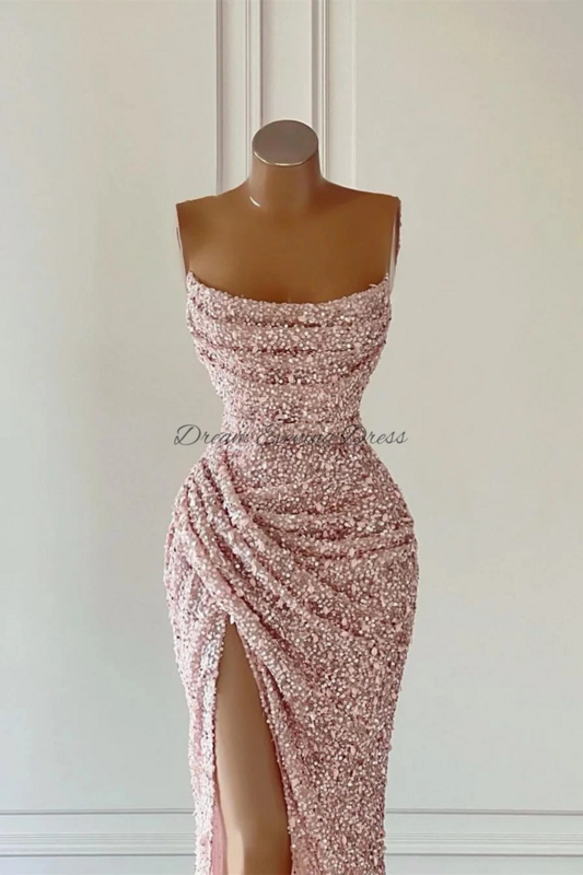 Gaun malam impian 2023 gaun malam merah muda berlipat tanpa lengan seksi gaun acara Formal pesta dansa payet belahan samping putri duyung