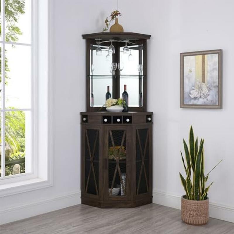 Reclaimed Barnwood Corner Bar Unit Wine Cabinet Liquor Storage Glass Holder Mesh Doors Home Bar Triangle Shape Compact Design