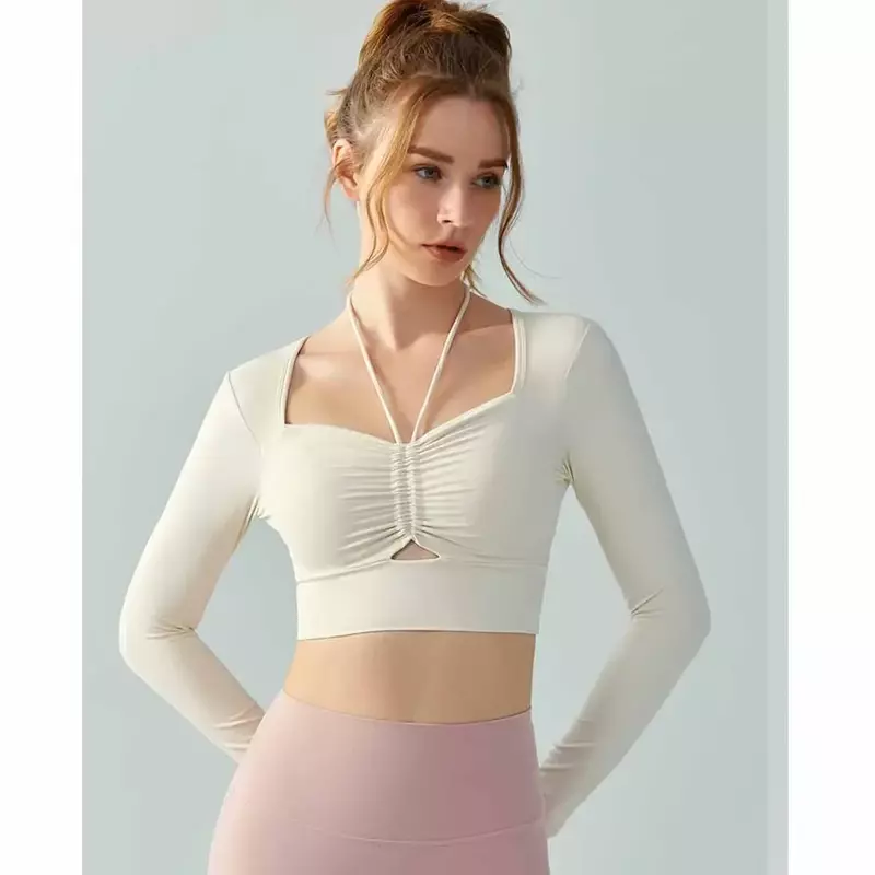 Autumn Drawstring Sports Long-sleeved Women With Chest Pads Sexy Backless Waistcoat Slim Fashion Fitness Top.