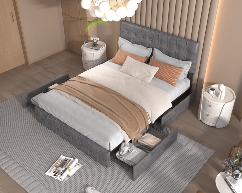 Quadro da cama com 4 gavetas do armazenamento, pano cinzento da tecnologia, botão encaixado, altura ajustável, plataforma estofada, quadro da cama