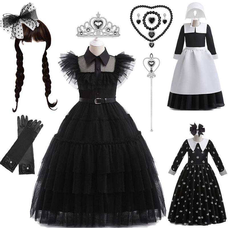 วันพุธ Addams เครื่องแต่งกายสาวฤดูร้อน Party วันเกิด Vintage Gothic ชุดสีดำอีสเตอร์วัยรุ่นชุดราตรี Cosplay ชุดแม่บ้าน