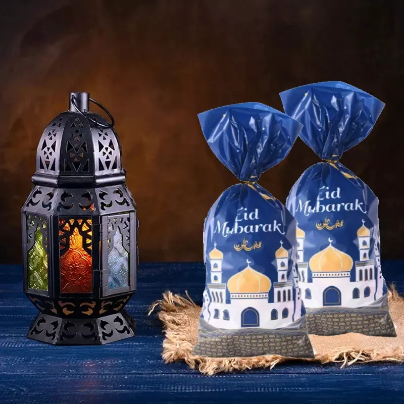 25/50pcs 2023 Eid Mubarak torby na prezenty plastikowe cukierki torba na ciasteczka Ramadan Kareem Decor islamski muzułmanin zaopatrzenie firm Eid torby na prezenty