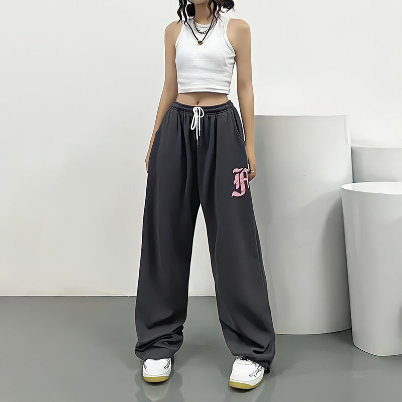 Oversize ฤดูร้อนสีเทา Casual กางเกงฮิปปี้ Baggy Sweatpants Streetwear ผู้หญิงสูงเอวพิมพ์ตัวอักษรกางเกงขากว้าง