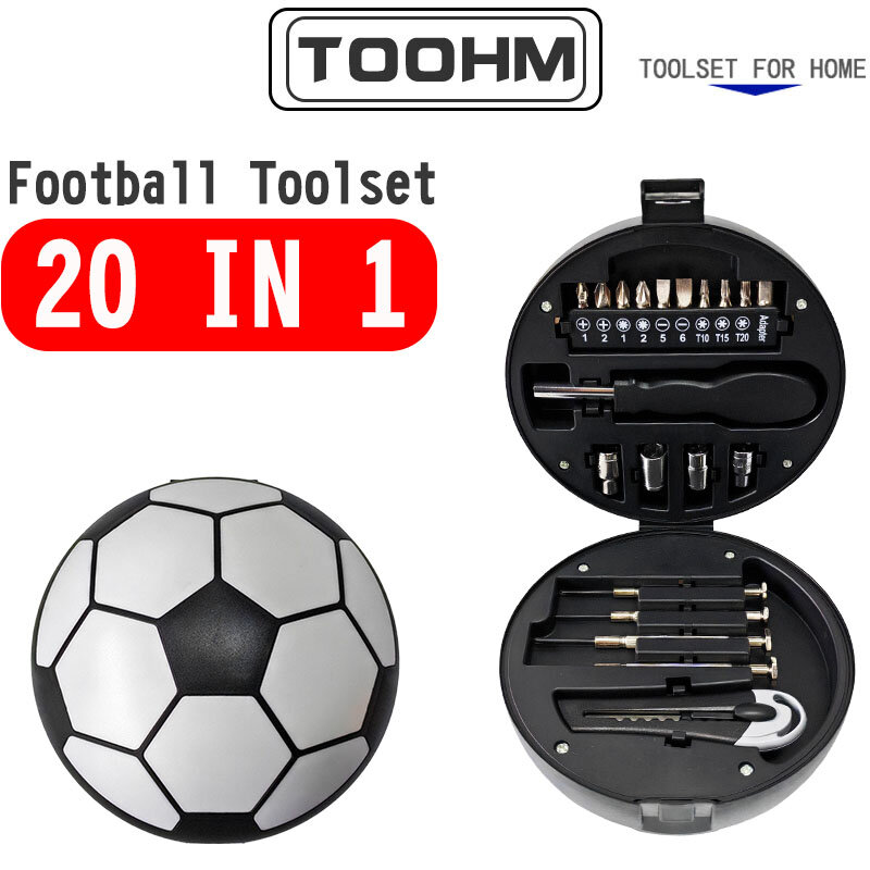 Kit di attrezzi manuali per la casa hardware multifunzione a forma di palla 20 in 1, kit di attrezzi meccanici per uso domestico a forma di calcio