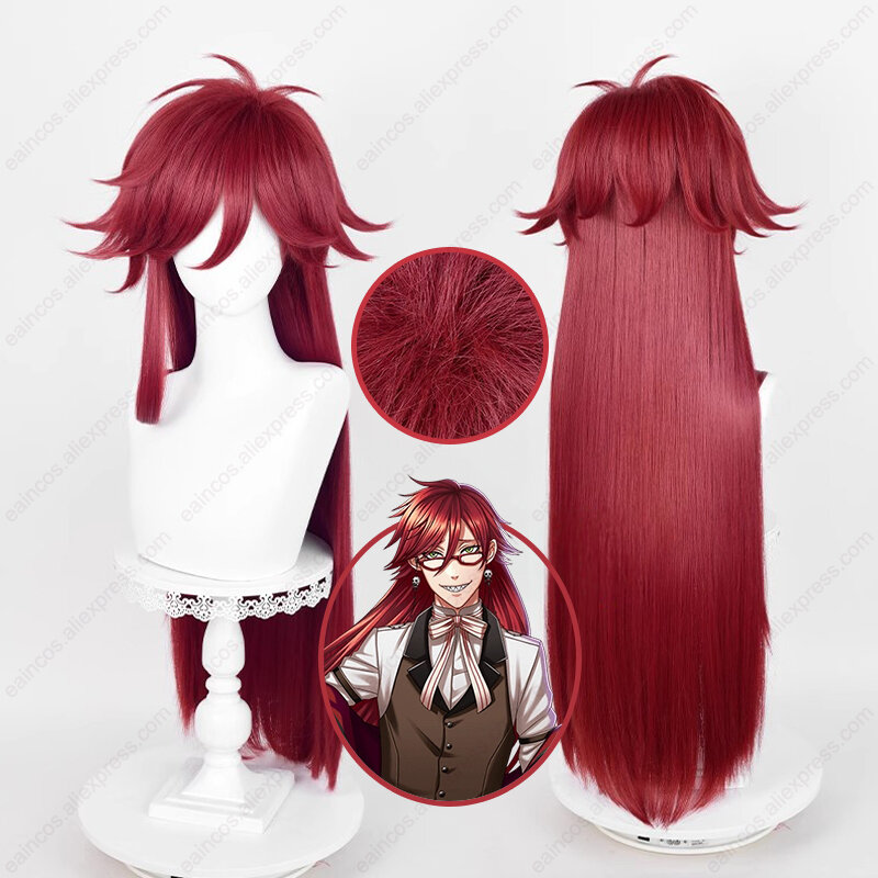 Anime Grell Sutcliff Cosplay Wigs 90cm Long Dark Red Wigs Heat Resistant Synthetic Hair Halloween Party