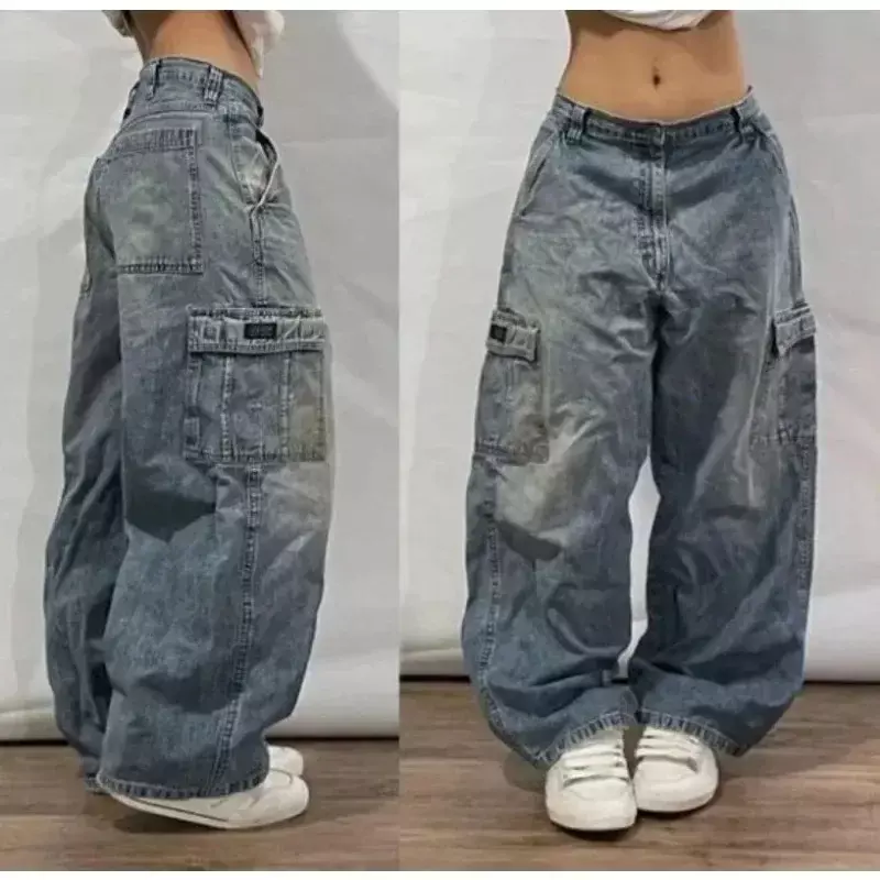 Streetwear y2k celana kargo untuk pria, celana kargo Harajuku Hip Hop multisaku Retro biru longgar Jeans pinggang tinggi Gotik baru