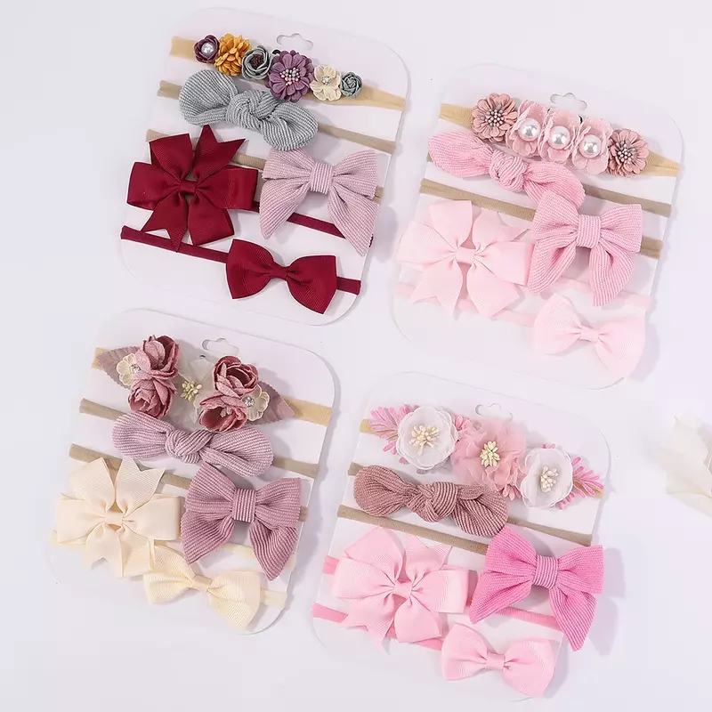 Ensemble de 5 nœuds en dentelle pour bébé, bande de sauna en coton et nylon imprimé, accessoires pour cheveux doux pour nouveau-né et enfant en bas âge