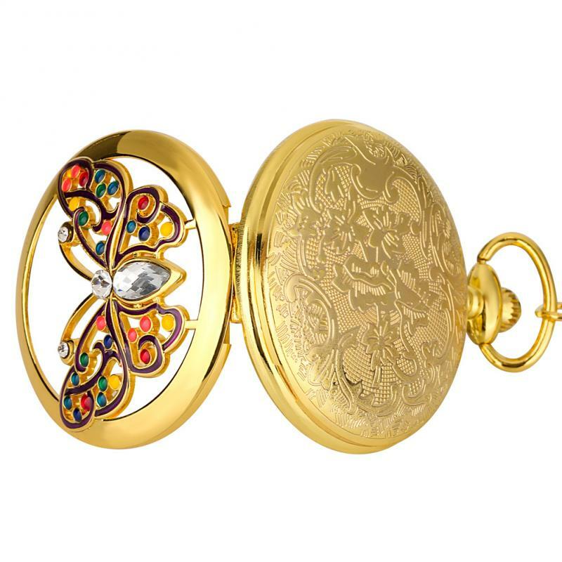 Novo charme ouro borboleta cristal diamante-incrustado relógio de bolso de quartzo elegante feminino retro bolso corrente pingente de relógio