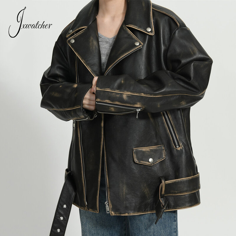 Jxwatcher Women Real Leather Jacket High Quality Ladies Spring Fall Loose Genuine Leather Coat 2024 New Arrival Overcoat Female