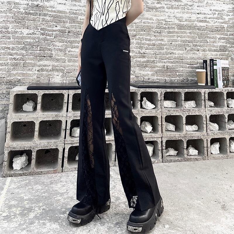 Deeptown Y2k Coquette Lace Flare Pants donna Gothic Patchwork Baggy Vintage pantaloni neri moda coreana Streetwear dritto