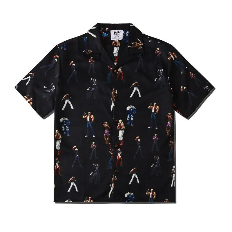 Camisa de praia preta de manga curta masculina, camisas estampa de harajuku havaiana masculina, streetwear de hip hop japonês, verão 2023