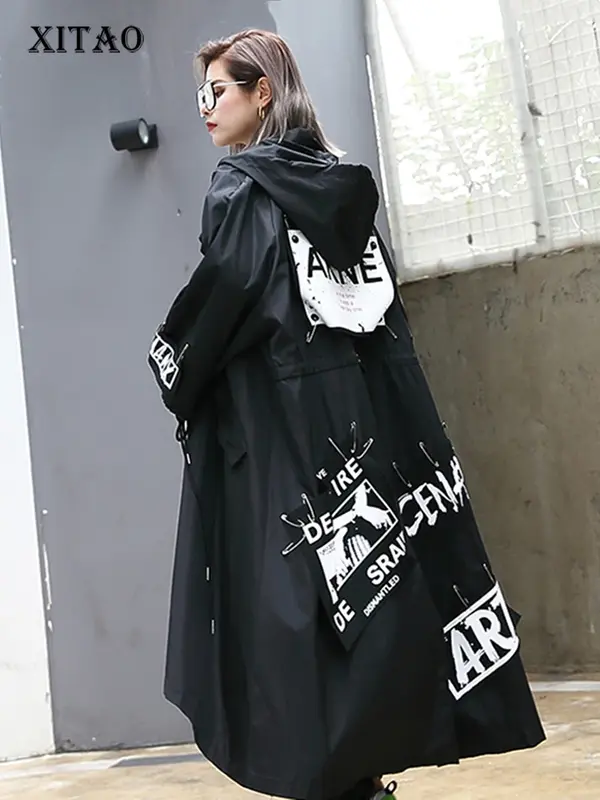 XITAO Trench nero impiombato per donna marea stampa lunga Streetwear felpa con cappuccio Casual femminile cappotto a vita larga 2019 ZLL1100