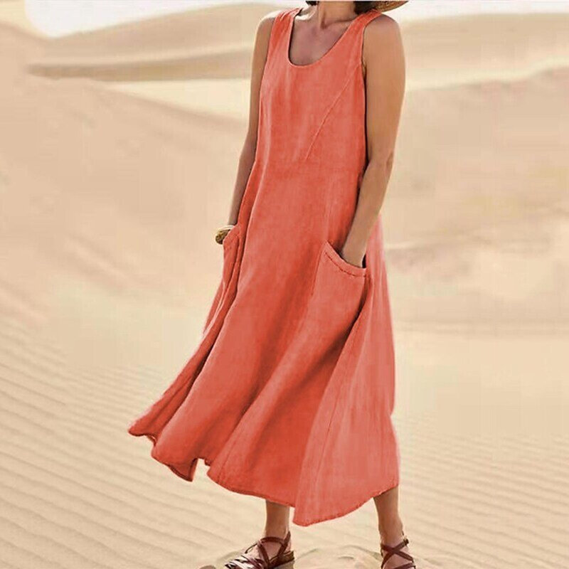 فستان طويل من الكتان القطني مع جيوب للنساء ، بسيط ومريح ، رائع للشاطئ الصيفي والملابس اليومية