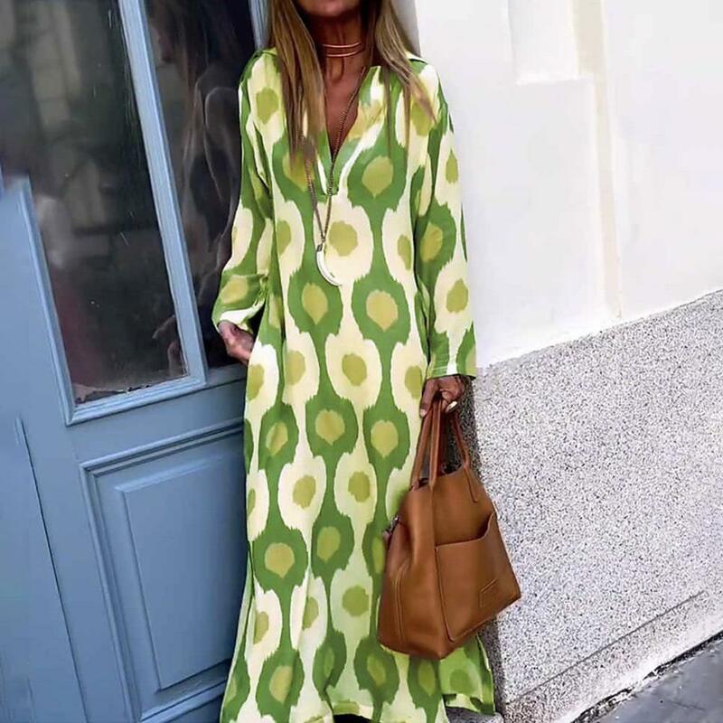 Abito autunno inverno Vintage Lady Maxi Dress Color Matching Print scollo a V risvolto a-line abito con stampa geometrica vestibilità ampia