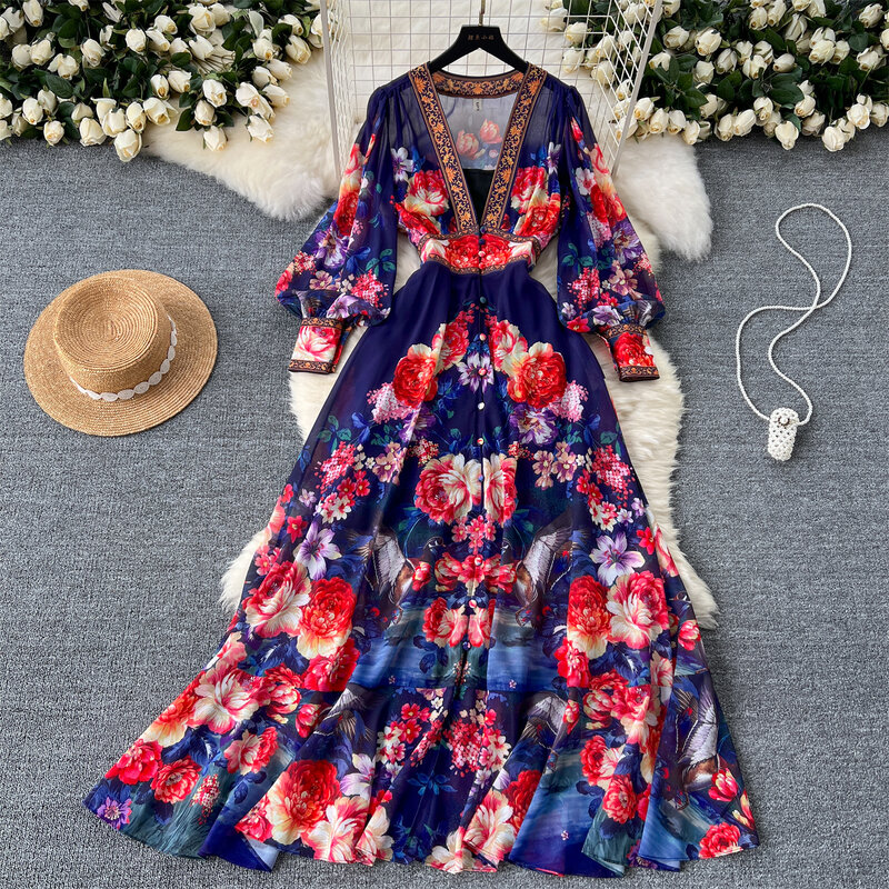Seksowna elegancka szyfonowa sukienka z nadrukiem w stylu vintage z dekoltem w szpic dla kobiet Letnia impreza Francuska słodka plaża Plisowane sukienki