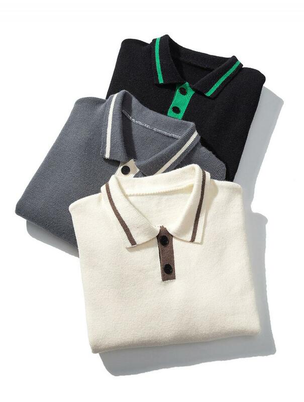 남녀공용 일본 단색 폴로 셔츠, 풀오버 스웨터 니트웨어, 캐주얼 패션 상의, 플립 칼라, 5Xl, 2023 가을 겨울 신상